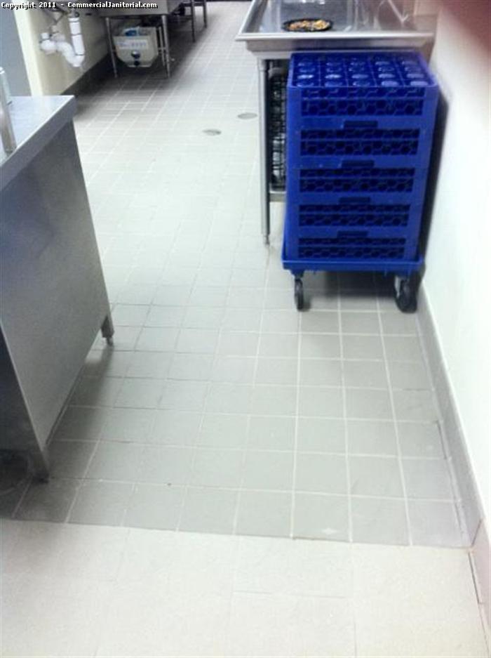 This is the floor of a school kitchen floor after it was machine scrubbed.