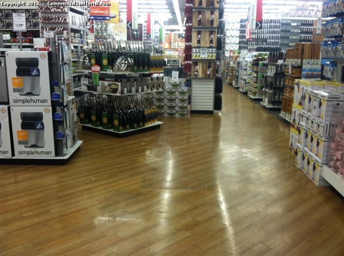 Well traffic and worn wood flooring is brought back to life through scrubbing and polishing. The shine brings out the beauty of the wood and makes the store look clean, and a clean store is a place people like to shop.  
