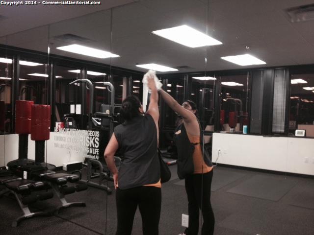 9.3.14 

Here is a snap shot of team wiping down mirrors at the gym.

Windows are looking great.

Excellent work team!!

Givoanni L.

