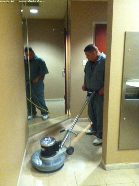 Scrubbed ceramic tile in restrooms on north building that crew didnt finish from the day before. Did a walk through on vct the crew stripped n waxed looks great. Crew did a good job on cleaning up any residue and cleaning up after themselves. 
