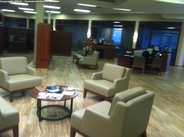 Make sure that the floors are cleaned and the furniture is properly arranged when cleaning a bank