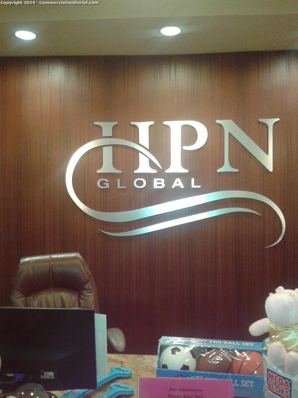 HPN Global sign was cleaned with stainless steel to remove all finger marks , walls were cleaned , Reception area was cleaned nothing was moved left as is ; cleaner just removed all dust . Cleaned monitor , computer screens , disinfected both keyboard and mouse . Everything looks to be very well maintained 