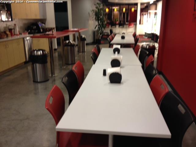 Break-room area looks good, wiped down all tables & chairs, trash disinfected and trash liners replaced. 