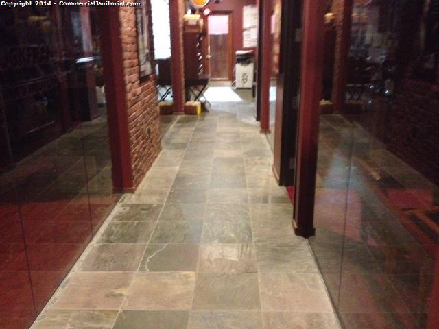 6.26.14 

Ceramic floors were machine scrubbed, rinsed, and grout lines sealed.

The floor may need to have a gloss sealer if the client would like the shiny look.

Made a note to inform salesperson to run this by client for a potential floor solution.

Karen T.