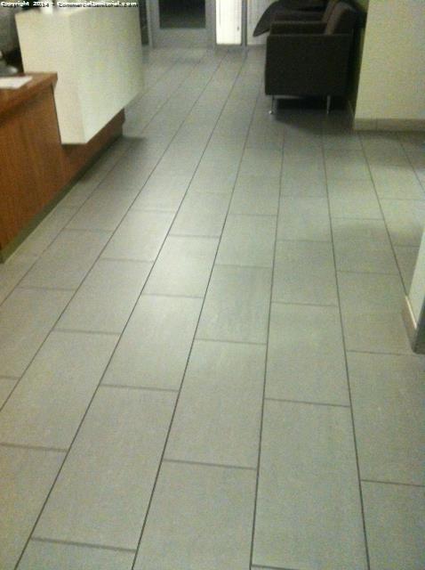 Strip n wax break room was really scratched up alot. burnished rest of vct in hallway and scrub ceramic tile in lobby looks great. Did not finish scrubbing tile in restroom had to be out by 1000pm according to yenniftier for alarm 