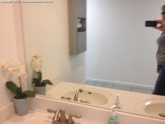 Bathroom facility has been cleaned from top to bottom everything has been cleaned  , Mirror has been cleaned , sink area has been disinfected , Hand soap has been refilled . 
