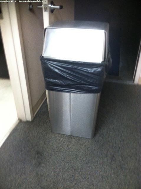 Trash Bins have been replaced with new trash liners, Trash bin wiped down with stainless steel . 