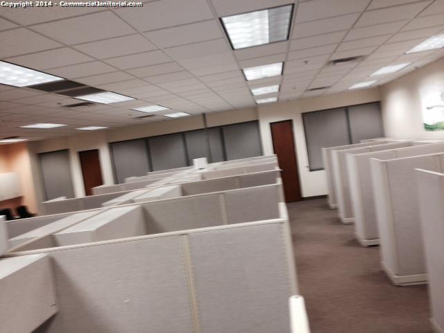 Cubical units have been cleaned throughly , Cubical sills have been wiped , each desk has been cleaned , Carpet has been vacuumed 