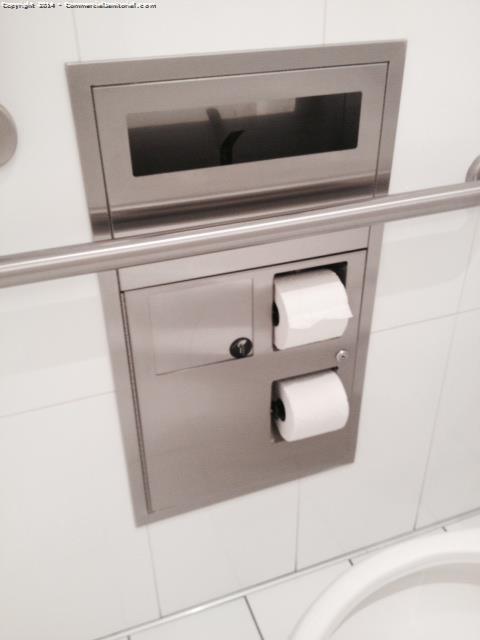 10/23/14- Kent A. performed inspection of account.

The crew filled the toilet paper dispenser and they are running to get the toilet seat covers to restock.  Then crew will clean and polish stainless steel.

Nice work team the client will be happy with our great effort!!

Kent A.