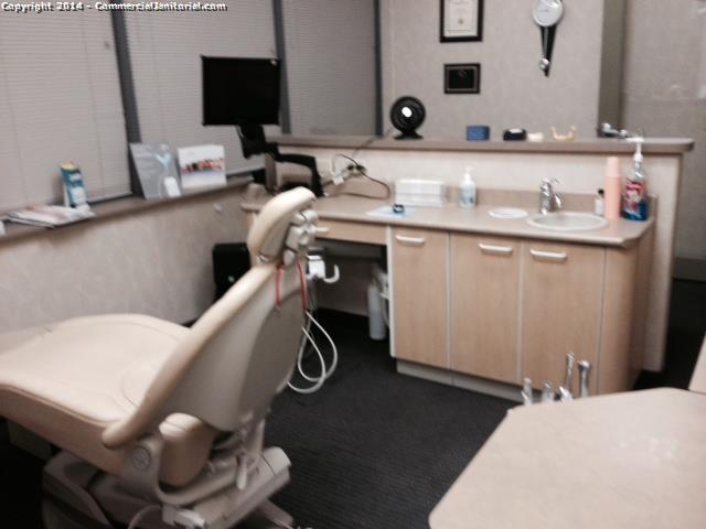 Everything inside of this dental office has been cleaned , Patient chair has been disinfected , carpet has been vacuumed , blinds have been wiped , cabinets have been disinfected  