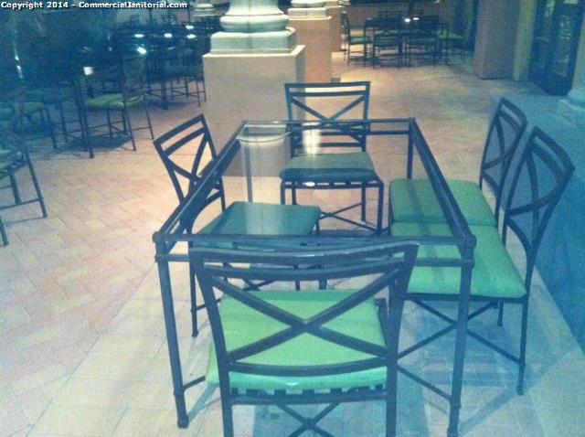6.3.14 Viviana & Janeth Cleaning crew took care of all meeting chairs left at the lowest heigh setting, th auditorium needs to be at full height. All patio tables and chairs are wipe down nightly. The blue thin rags belong to Spears 