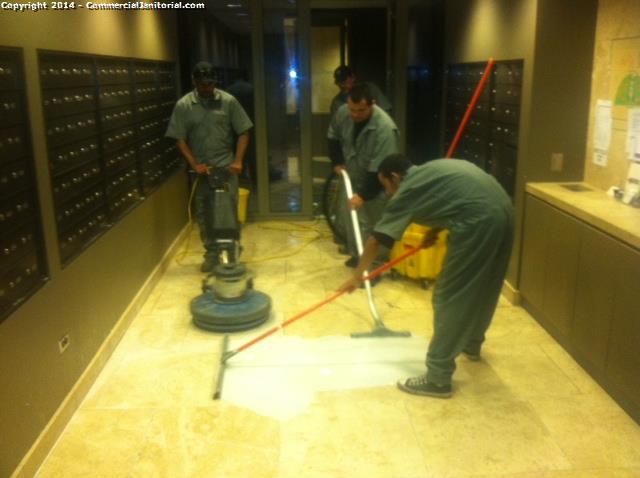 Floor crew and got done scrubbing 3 areas of travertine now we are filling holes. We will polish stone tomorrow . 