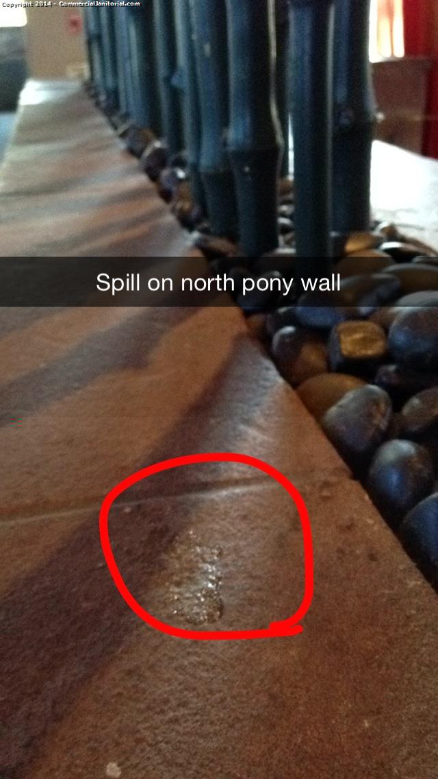 
Oscar, please take care of the following items:

On the north pony wall, there is a drink spill. See photo.
