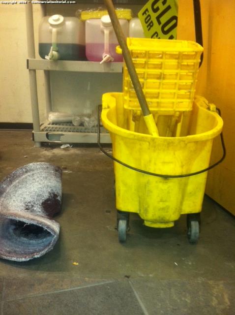 A cleaning crew must clean their mop buckets after doing floor services