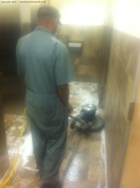 floor crew tile is getting scrubbed and also grout is getting hand scrubbed. We are also scrubbing and sealing tile floors with matte wax. Every thing coming out good. 
