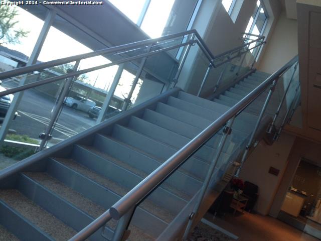12/8-

Tony G. performed inspection today.

Work order # 3343434 completed.

Glass on stairs were squeegeed. Porter service complete. 

Nice job team!

Client will be happy!

Tony G.